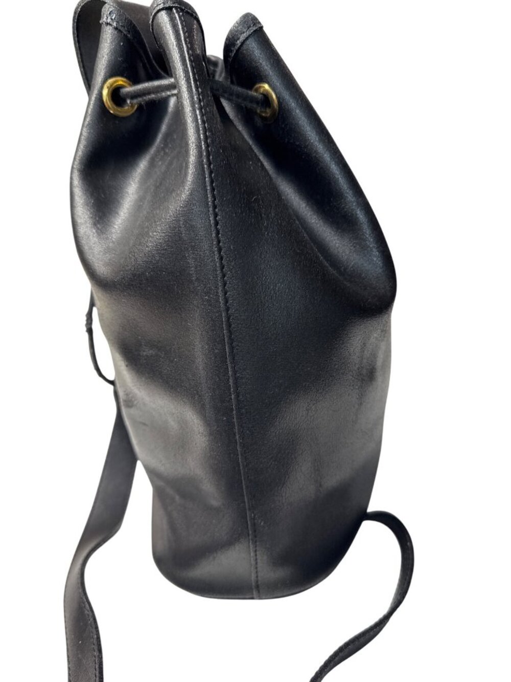 Vintage Longchamp Black Leather Drawstring Bucket Bag With Brass Accents - Picture 5 of 14